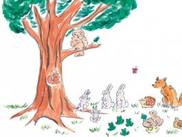 Een uil ispreekt een groep dieren toe vanaf de tak van een boom.